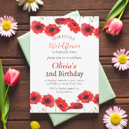 Poppies 2nd Second Birthday Girl Red Floral  招待状
