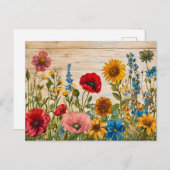 Poppies and Wildflowers on Soft Rustic Wood ポストカード (正面/裏面)