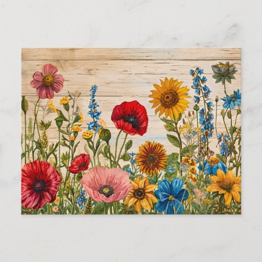 Poppies and Wildflowers on Soft Rustic Wood ポストカード (正面)