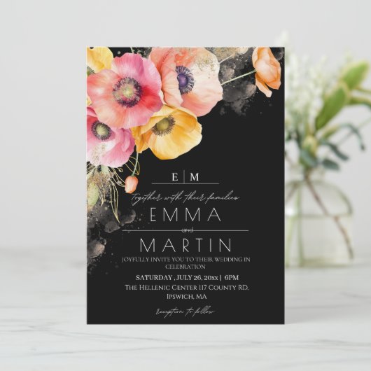  Poppies Floral Red & Black Gold Wedding  招待状 (スタンド正面)