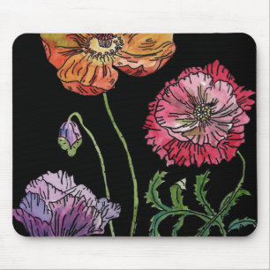 Poppies on かわいらし Black Watercolor絵画's(黒の水彩のポピー) マウスパッド