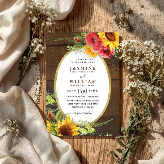Poppies Sunflowers Rustic Elegant QR Code Wedding 招待状
