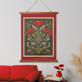 Poppies Vintage Gold Red Art Nouveau 吊り下げ型タペストリー