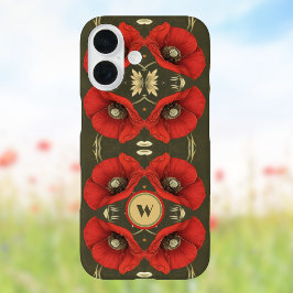 Poppies Vintage Gold Red Art Nouveau Monogram iPhone 16ケース