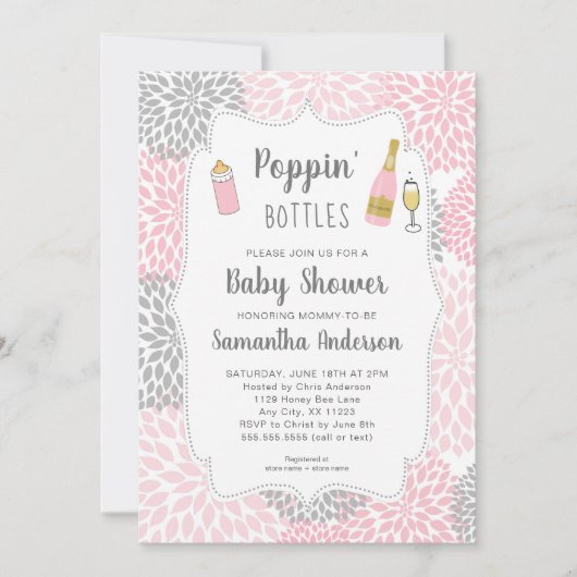 Poppinはピンクの灰色の花のベビーシャワーをびん詰めにします 招待状 (正面)