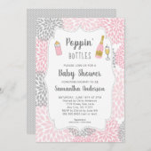 Poppinはピンクの灰色の花のベビーシャワーをびん詰めにします 招待状 (正面/裏面)