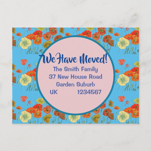 Poppyパターン新しい住所はがき、移動している ポストカード (正面)