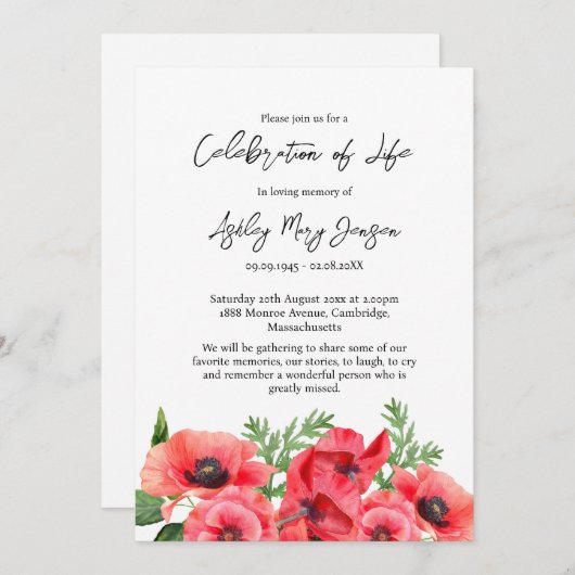 Poppy Celebration of Life Funeral 招待状 (正面/裏面)