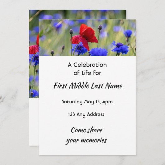 Poppy Cornflower Meadow  Memorial Pocket Keepsake 招待状 (正面/裏面)