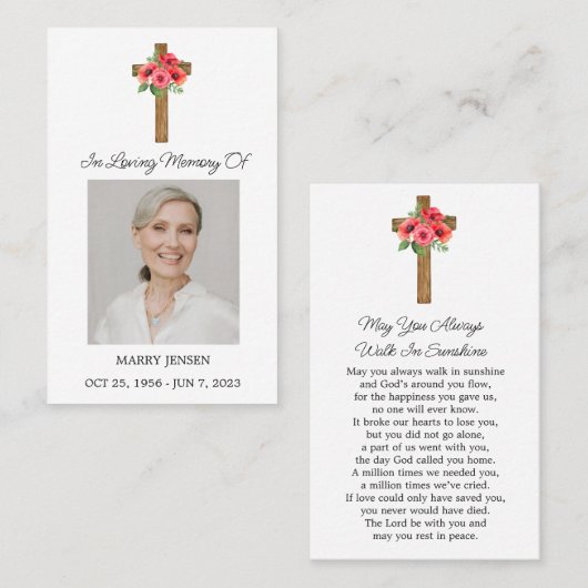 Poppy Cross Memorial Photo Funeral Prayer Card 名刺 (正面/裏面)