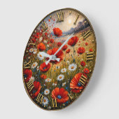 Poppy Daisy Wildflower Meadow Scenic Landscape ラージ壁時計 (傾斜)