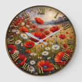 Poppy Daisy Wildflower Meadow Scenic Landscape ラージ壁時計 (正面)