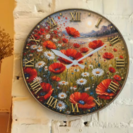 Poppy Daisy Wildflower Meadow Scenic Landscape ラージ壁時計