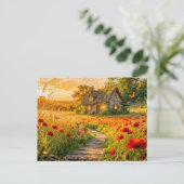 Poppy Field Cottage with Wooden Path ポストカード (スタンド正面)