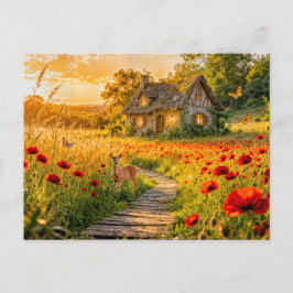 Poppy Field Cottage with Wooden Path ポストカード