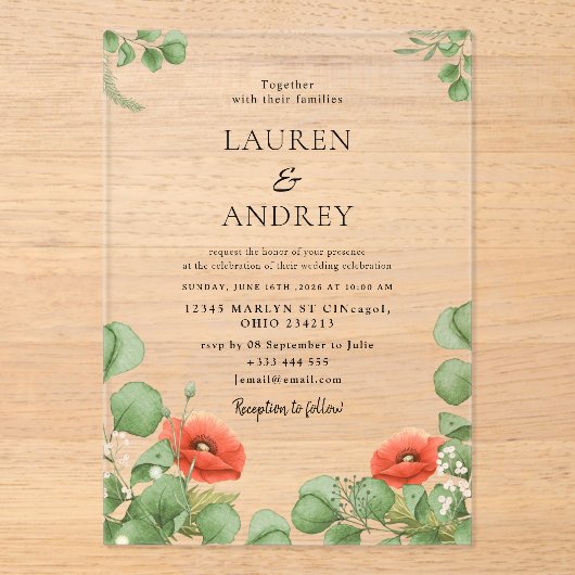 Poppy Floral Acrylic Wedding Invitation アクリル招待状 (正面)