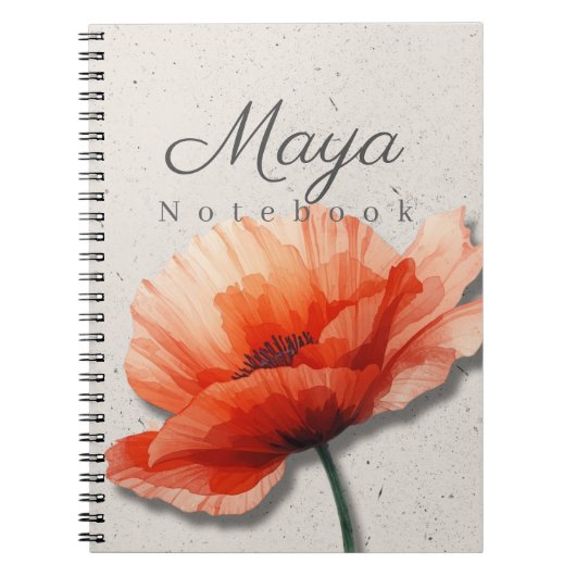 Poppy Floral Notebook Name | Red Flower Journal ノートブック (正面)