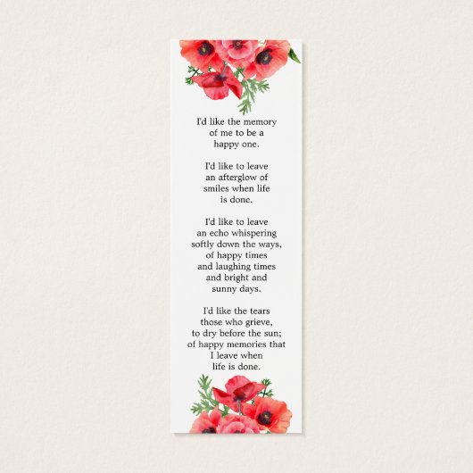 Poppy Floral Photo Funeral Memorial Bookmark (裏面)