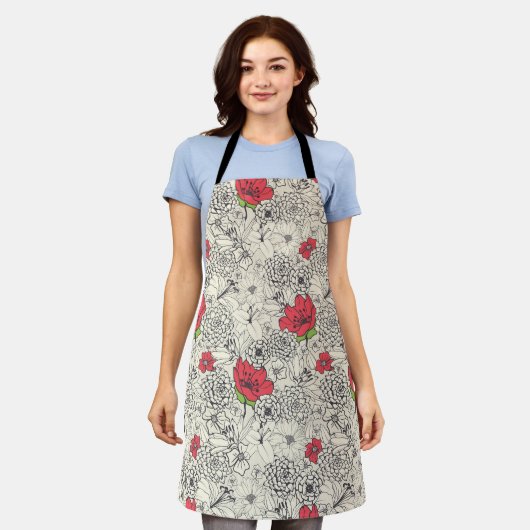 Poppy Flower Garden Pattern エプロン (着用した状態)