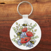 Poppy Flowers and Bees Digital Drawing, Botanical キーホルダー (正面)
