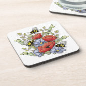 Poppy Flowers and Bees Digital Drawing, Botanical  コースター (左側)