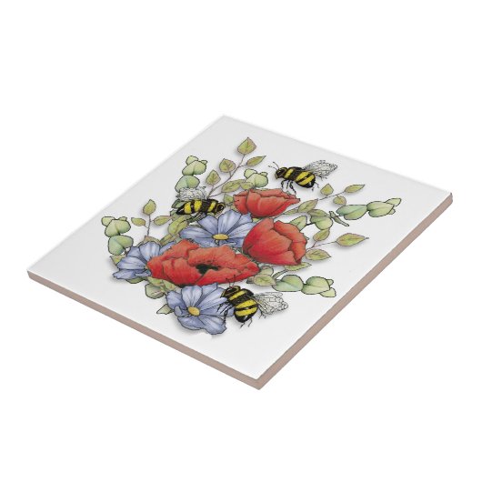 Poppy Flowers and Bees Digital Drawing, Botanical タイル (側面)