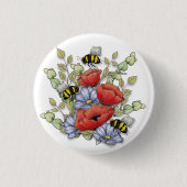 Poppy Flowers and Bees Digital Drawing, Botanical  缶バッジ (正面)