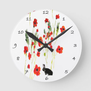 Poppy Flowers Bunny Rabbit ラウンド壁時計