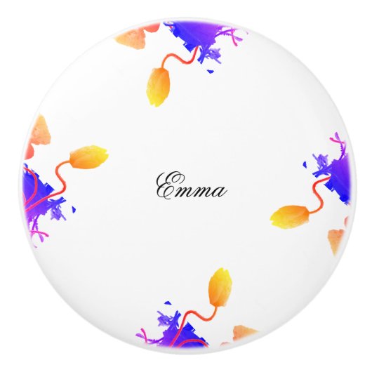 Poppy Flowers Watercolor Floral Custom Name セラミックノブ (正面)