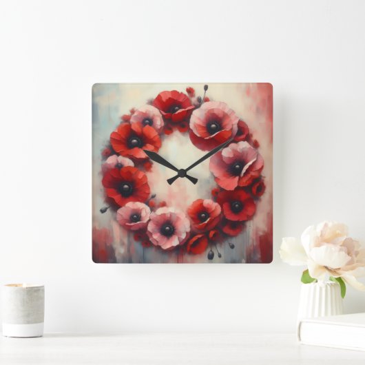 poppy flowers wreath スクエア壁時計 (ホーム)