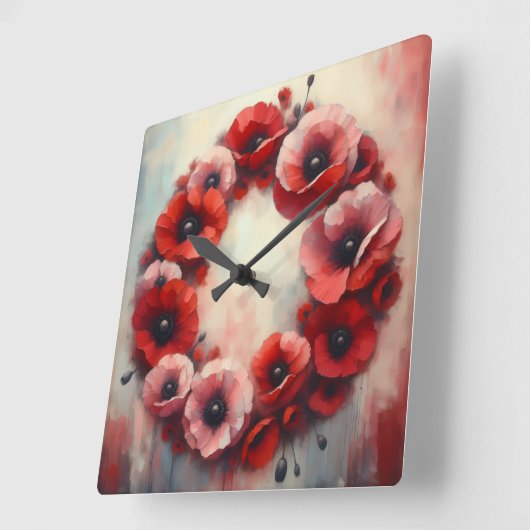 poppy flowers wreath スクエア壁時計 (傾斜)