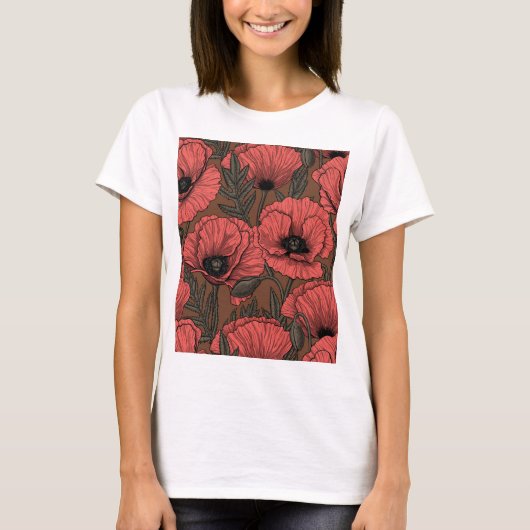 Poppy garden in coral and brown tシャツ (正面)