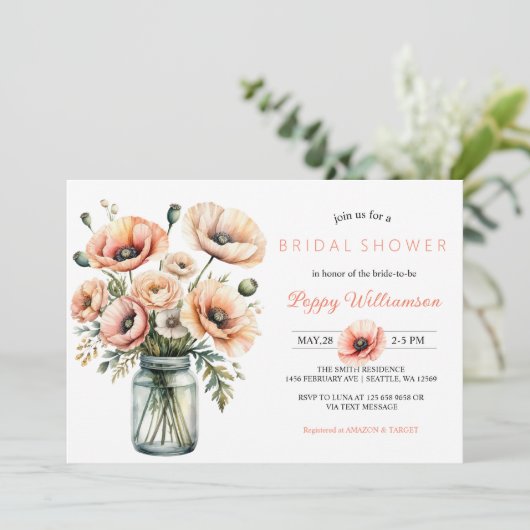 POPPY Mason Jar Bridal Shower Invitation 招待状 (スタンド正面)