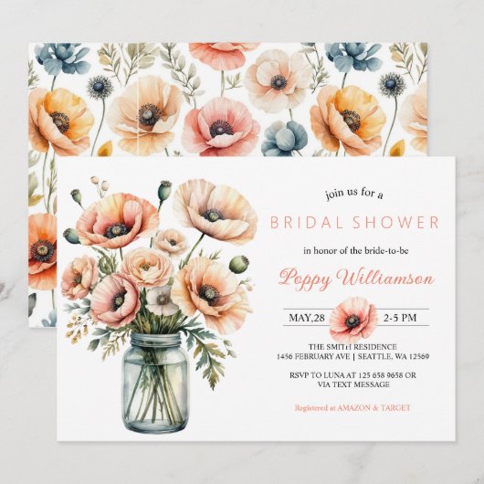 POPPY Mason Jar Bridal Shower Invitation  招待状 (正面/裏面)