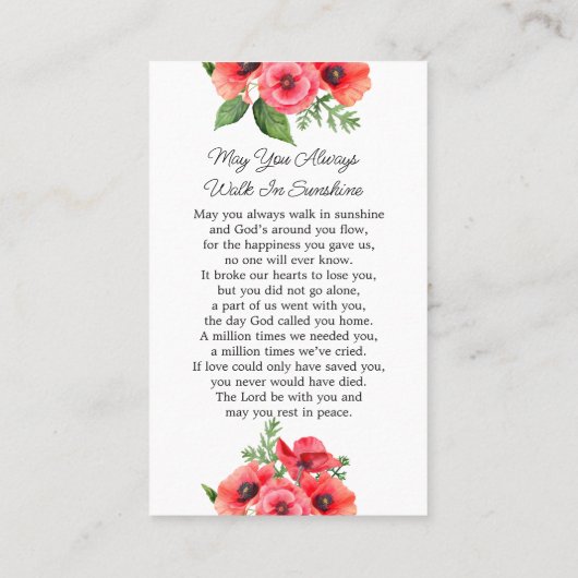 Poppy Memorial Photo Funeral Prayer Card 名刺 (裏面)