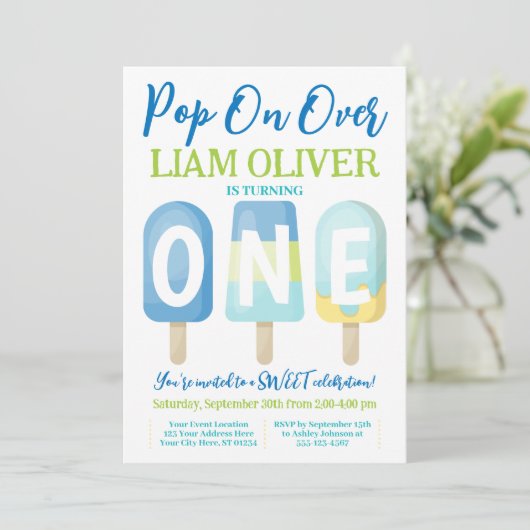 Popsicle 1st誕生日招待状ポップ・アートのオンオーバー 招待状 (スタンド正面)