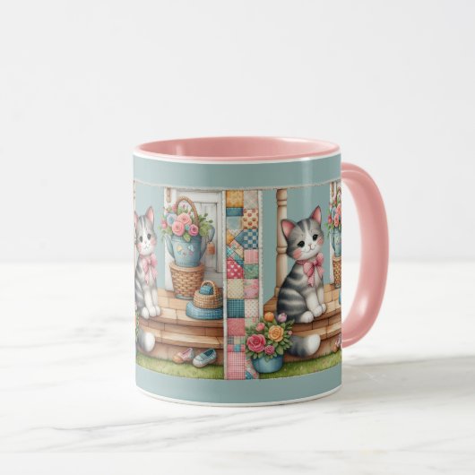Porch Kitty Floral Patchwork Scene マグカップ (正面右)