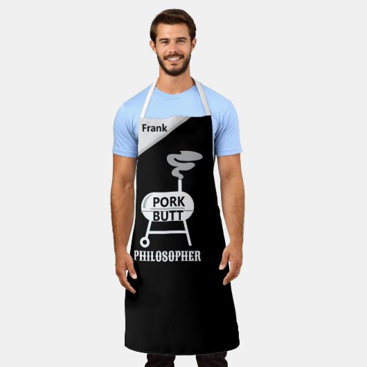 "Pork Butt Philosopher" Apron - BBQ Wisdom エプロン (着用した状態)