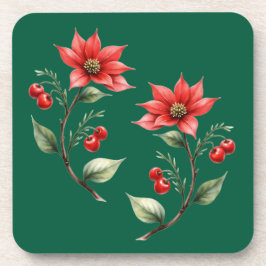 Porta Copos   Natal verde e Flores Vermelhas コースター
