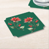Porta Copos Papel Natal verde e Flores Vermelhas ペーパーコースター (アングル)