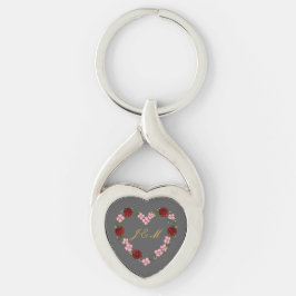 Porte-clés en métal gris avec cœur rose et rouge キーホルダー