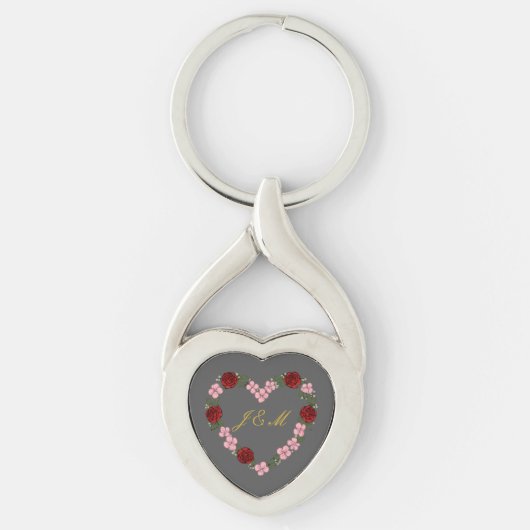 Porte-clés en métal gris avec cœur rose et rouge キーホルダー (正面)