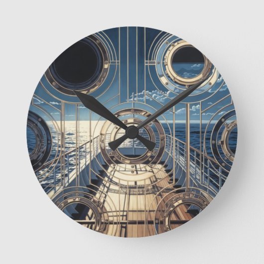 Porthole Nautical Ocean Liner Luxury Art Deco ラウンド壁時計 (正面)