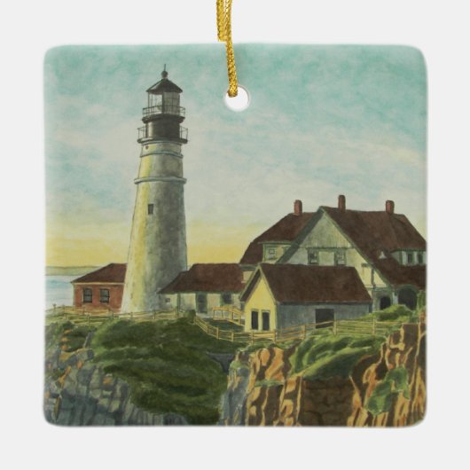 Portland Head Light Watercolor セラミックオーナメント (正面)