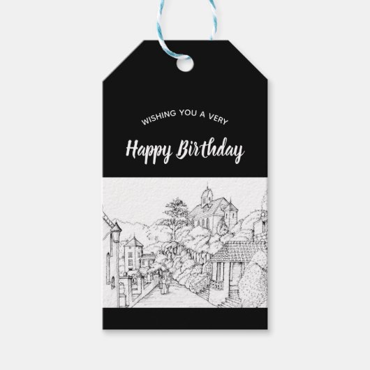 Portmeirion North Walesペンとインクスケッチ ギフトタグ (正面)