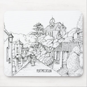 Portmeirion North Walesペンとインクスケッチ マウスパッド
