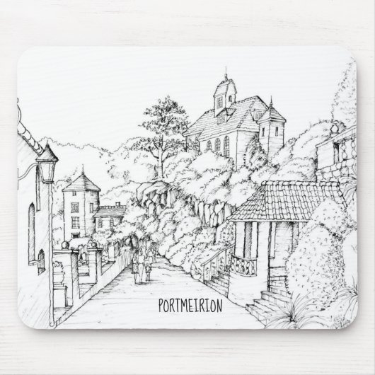 Portmeirion North Walesペンとインクスケッチ マウスパッド (正面)