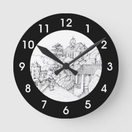 Portmeirion North Walesペンとインクスケッチ ラウンド壁時計