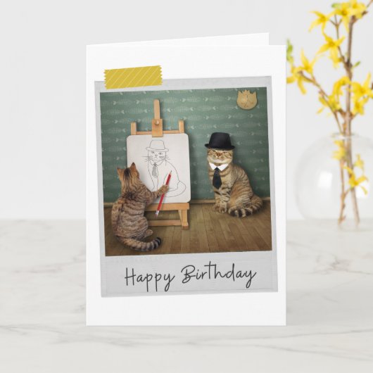 Portrait Art Cats Funny Birthday Card カード (黄色い花)