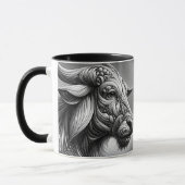 Portrait en noir et blanc d'un buffle stylisé. マグカップ (左)
